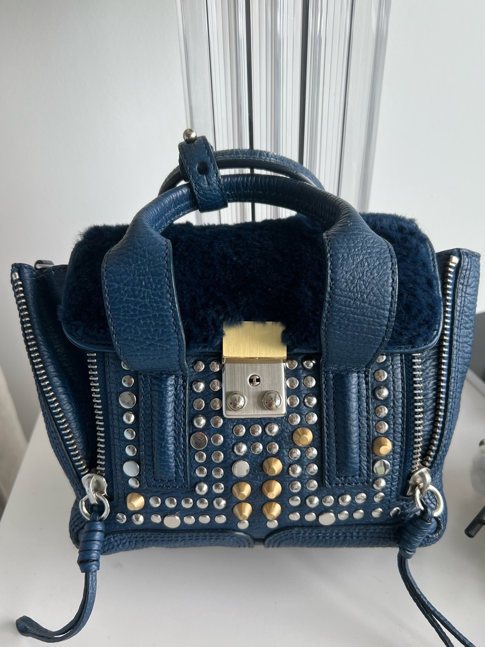 3.1 Phillip Lim Navy Leather & Shearling Studded Top-Handle Satchel